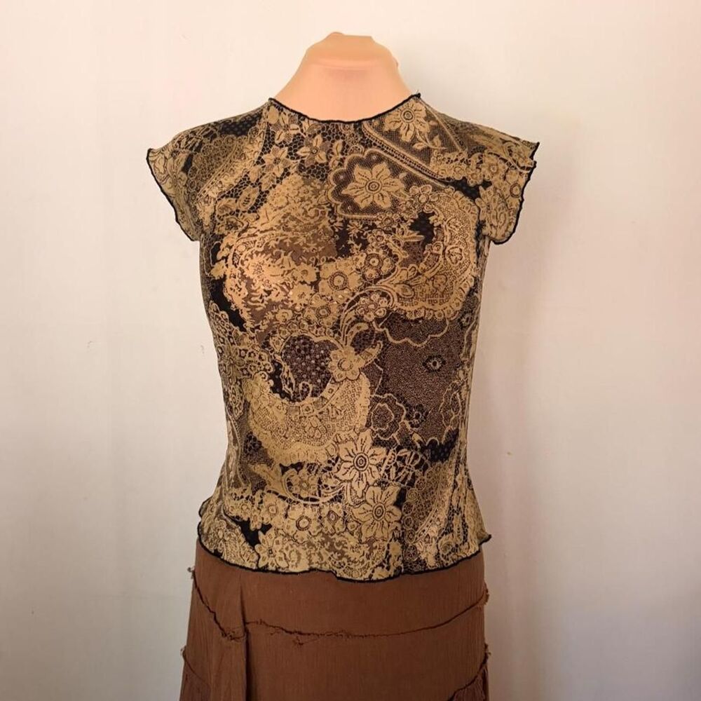 Vintage Rare Jaipur Mesh Lace Print Textured Cap Sleeve Top Size S/M